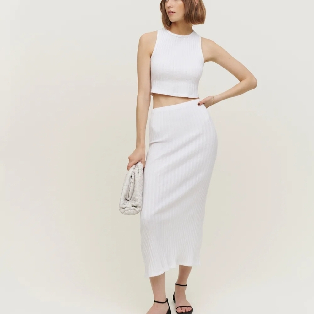 Reformation White Ribbed Midi Skirt